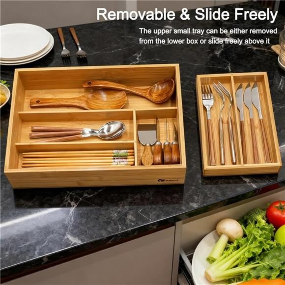 Bamboo 2 Tier Drawer Organizer Removable Cutlery Tray Kitchen Utensil Holder - Picture 4 of 8